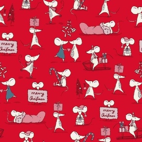 Cute Christmas Mice on red background