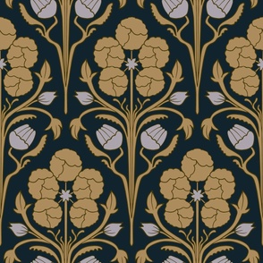 Vintage Glamour Art Nouveau Floral Design in Gold and Dark Blue