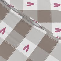 2" Greyish Brown Gingham Plaid with watercolor blush pink hearts checker