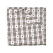2" Greyish Brown Gingham Plaid with watercolor blush pink hearts checker