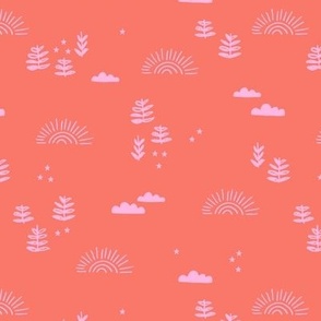 Little sun and stars forest trees summer jungle mystic boho garden dreams sunshine girls pink on coral