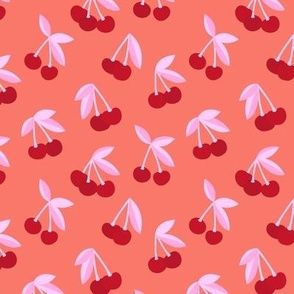 Little Cherry garden - summer boho fruit design girls bright palette pink red on coral