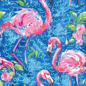 Preppy flamingos and blue waves