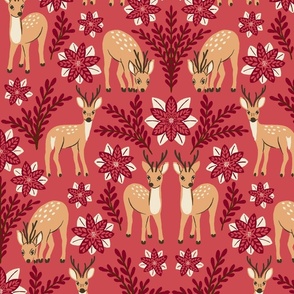 (L) Winter Woodland Deer - hand-drawn fawns and poinsettia flowers - Christmas pink and red