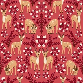 (S) Winter Woodland Deer - hand-drawn fawns and poinsettia flowers - Christmas pink and red