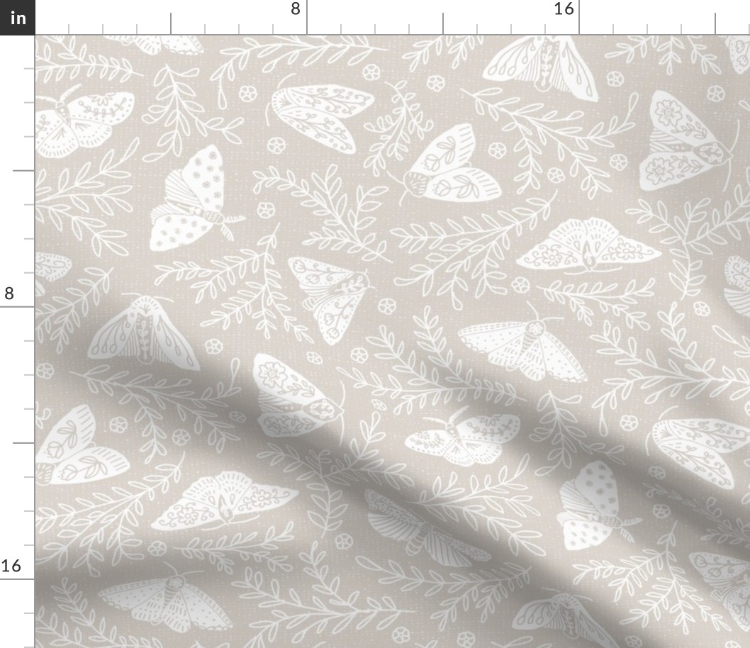 [large] Neutral beige doodle moths and butterflies in flowering shrub foliage - Warm Minimalism - Tan Beige