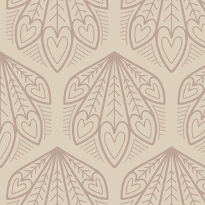 L – Brown Peacock Feather Hearts - Natural taupe geometric hexagon block print