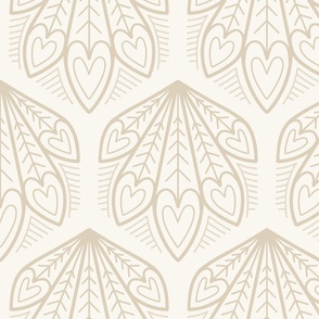 L – Cream Peacock Feather Hearts - Natural magnolia white geometric hexagon block print