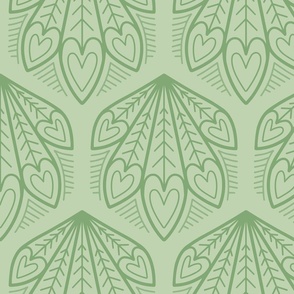 L – Green Peacock Feather Hearts - Sage matcha geometric hexagon block print