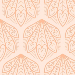 L – Peach Peacock Feather Hearts - Coral orange taupe geometric hexagon block print