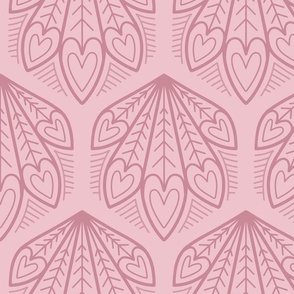 L – Pink Peacock Feather Hearts - Dusky blush geometric hexagon block print
