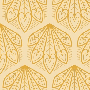 L – Yellow Peacock Feather Hearts - Gold mustard ochre geometric hexagon block print