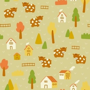 (SMALL) Autumn Woodland Village and Cows in Artichoke Green