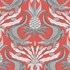 crocodiles/grey pewter on vibrant red/large