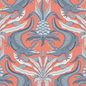 crocodiles/dusty blue on coral/large