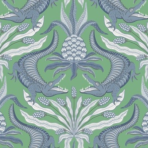 crocodiles/dusty blue on pea pod green/large