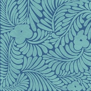 Whispering Retro - Modern Florals and foliage in Peacock Blue