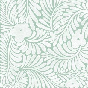 Whispering Retro-Modern Florals And foliage in Snow White and Sea Green