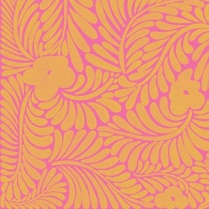 Whispering Retro-Modern Florals And foliage in Bright Pink and Orange
