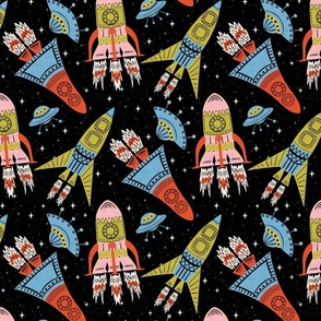 Retro Space Exploring | Cartoon & Textured UFO, Rockets and Stars on an Anthracite background