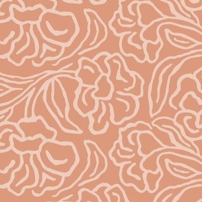 Damask block print with floral lines in pastel apricot orange peach