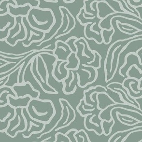 Damask block print with floral lines in monochrome pastel forest green