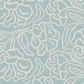 Damask block print with floral lines in pastel teal blue and beige