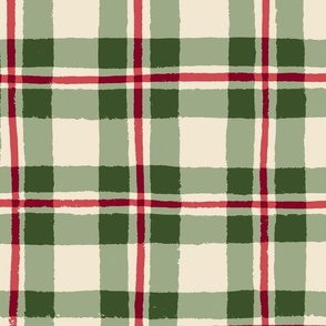 (L) Christmas Plaid - hand-drawn cosy cabin core tartan check - red and green on cream