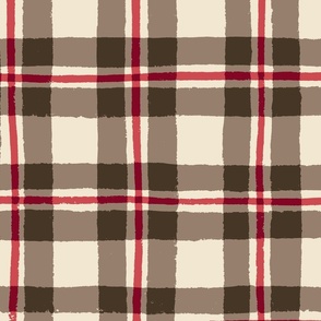 (L) Christmas Plaid - hand-drawn cosy cabin core tartan check - brown and red on cream