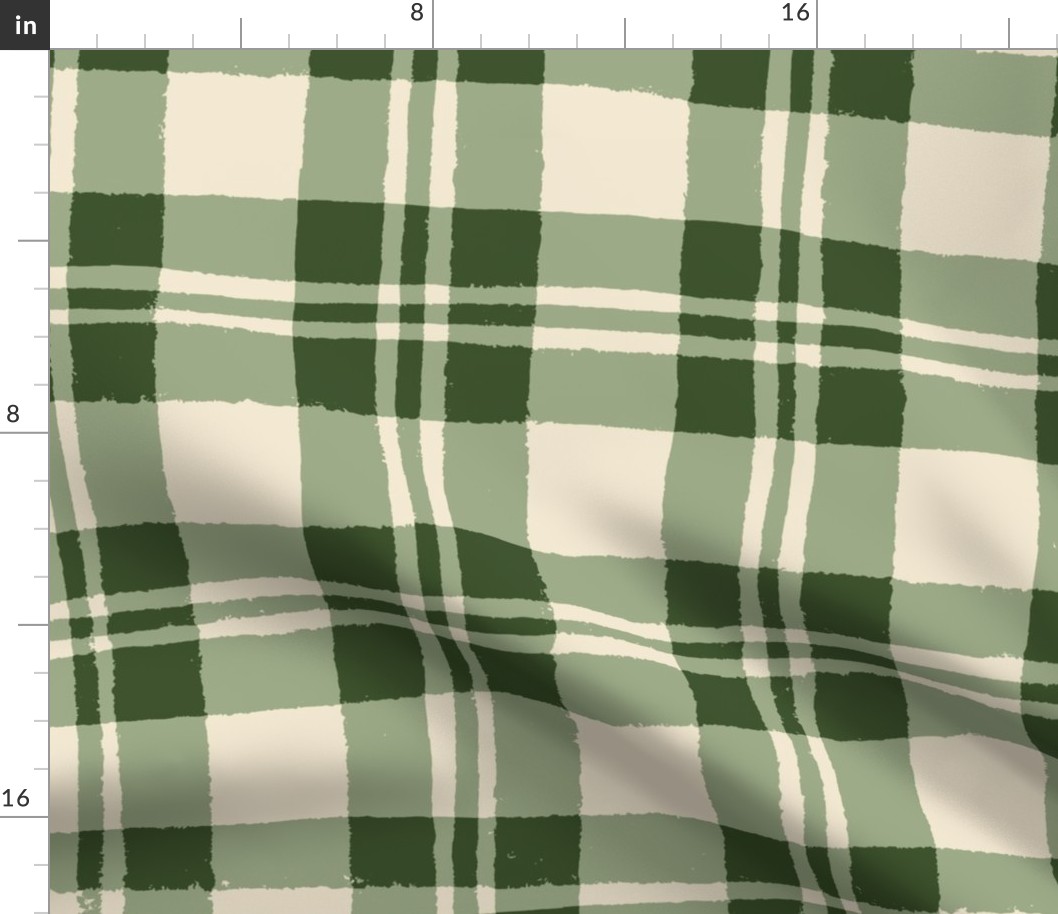 (L) Christmas Plaid - hand-drawn cosy cabin core tartan check - winter green on cream