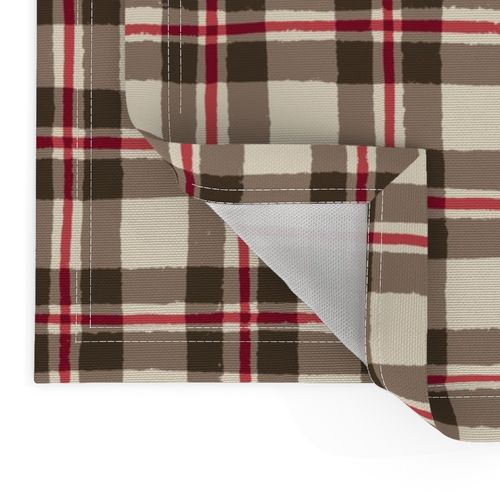 (S) Christmas Plaid - cozy cabin core tartan check - brown & red on cream