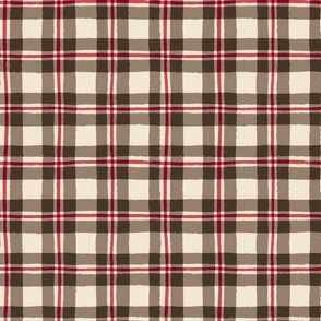 (S) Christmas Plaid - hand-drawn cosy cabin core tartan check - brown and red on cream