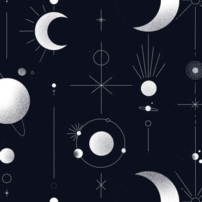 Vintage glamour metallic wallpaper challenge : black celestial pattern with moon, stars and suns, perfect for gold wallpaper