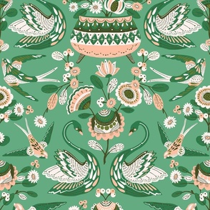 SWANS AND SWALLOWS -24 IN - GREEN JADE PEACH
