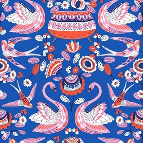 SWANS AND SWALLOWS -24 IN - RED BLUE PINK