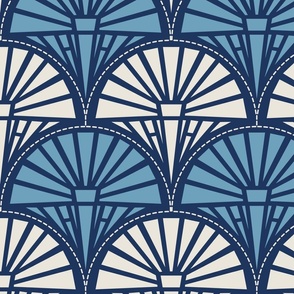 Abstract-1920-art-deco-style-geometric-flowers-in-teal-blue-hues-on-dark-moody-navy-blue-XL-jumbo-1