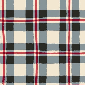 (L) Christmas Plaid - hand-drawn cosy cabin core tartan check - smokey blue and red on cream