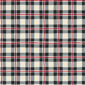 (S) Christmas Plaid - hand-drawn cosy cabin core tartan check - smokey blue and red on cream