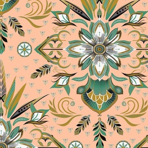 Maximalist Art Deco Gold Wallpaper - Teal on Peach - 3d9271 and ffc3a2
