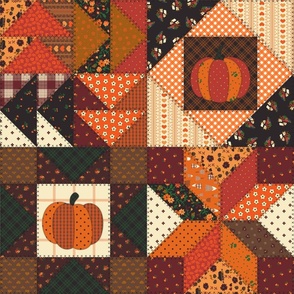 Autumnal Pumpkin Cottagecore Patchwork Cheater Quilt
