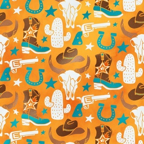 Bigger Ride 'Em Cowboy Western Collage Boots Hats Cactus in Orange Turquoise and Brown