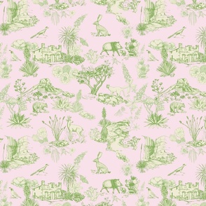 Texas Toile, Big Bend National Park, lime green on dusty pink, MEDIUM 12", STRAIGHT REPEAT, bear cougar Southwest french country cactus hidden pictures