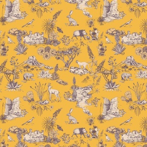 Texas Toile, Big Bend National Park, warm gray on yellow, MEDIUM 12", STRAIGHT REPEAT, bear cougar Southwest french country cactus hidden pictures