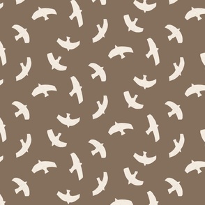 Flying white birds silhouettes in coffee brown (M)