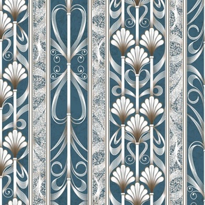 Bayoux Blue Modern Elegance - Art Deco Palmette Fan Trellis in Bayoux Blue and Gold - Designed for Metallic Wallpaper!