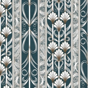 Dark Slate Gray Modern Elegance - Art Deco Palmette Fan Trellis in Dark Slate Gray and Gold - Designed for Metallic Wallpaper!