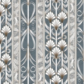 Payne's Gray Modern Elegance - Art Deco Palmette Fan Trellis in Payne's Gray and Gold - Designed for Metallic Wallpaper!