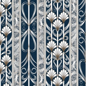 Prussian Blue Modern Elegance - Art Deco Palmette Fan Trellis in Prussian Blue and Gold - Designed for Metallic Wallpaper!