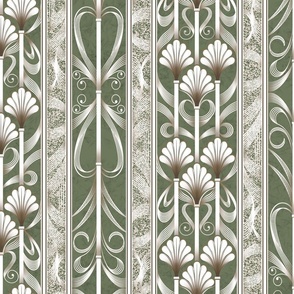 Green Modern Elegance - Art Deco Palmette Fan Trellis in Reseda Green and Gold - Designed for Metallic Wallpaper!