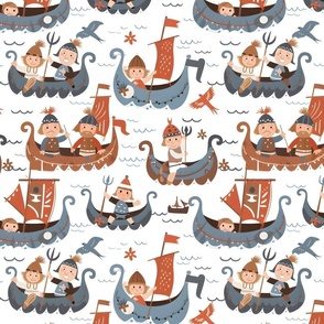 CuteVikings on Long Boats Nordic Sailor Ship Blue Orange on White Cartoon Kid's Print 